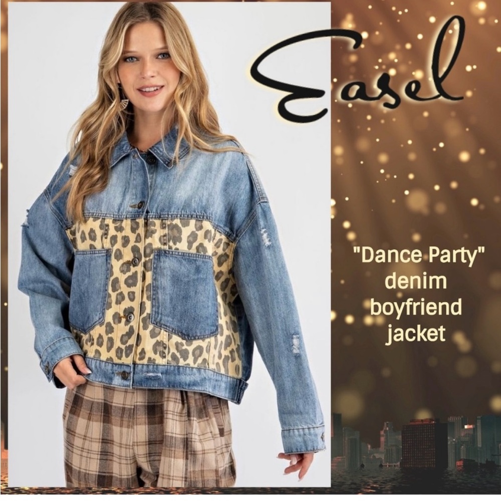 Easel Denim and Leopard Print Boyfriend Jacket